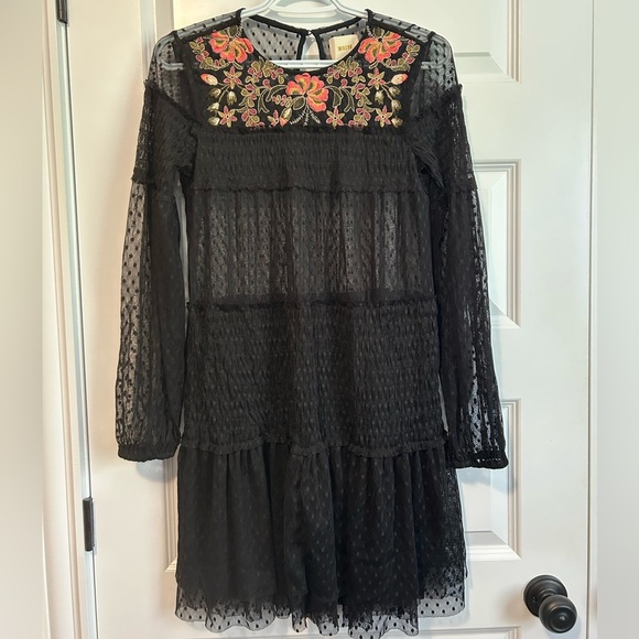 ANTROPOLOGIE MAEVE SAMARA MAILLE FLORAL BLACK MESH DRESS - Picture 3 of 8